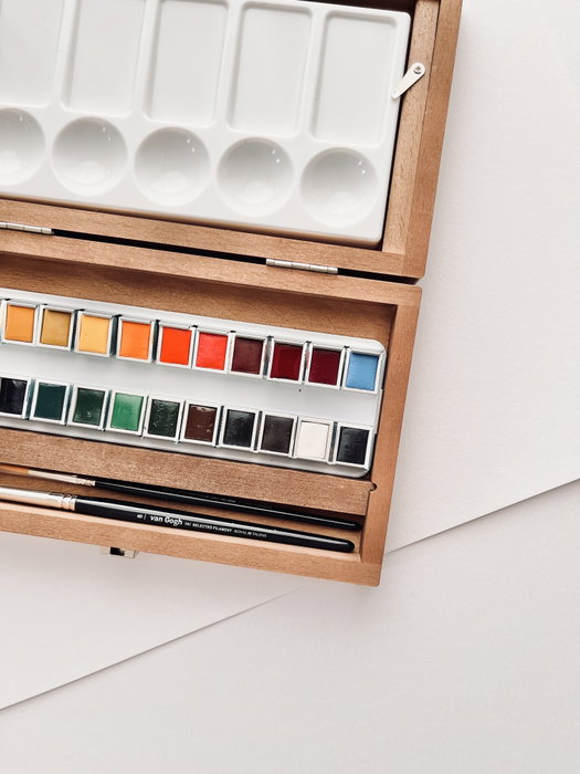 Van Gogh Set d'aquarelles en boîte en bois, 24 couleurs en demi-pastilles et 3 accessoires